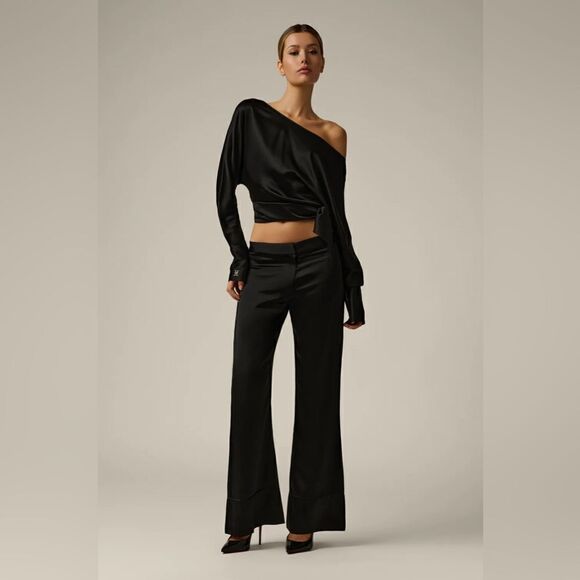 NWT Sandra Sardinia Black Wide Leg Silk Pants size 24W - Picture 1 of 5
